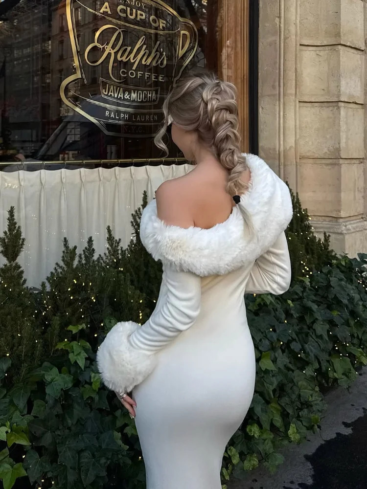 Women White Faux Fur Patchwork Dress Elegant Off Shoulder Slanted Collar Full Sleeve Maxi Dresses Lady Party Vestidos 250905