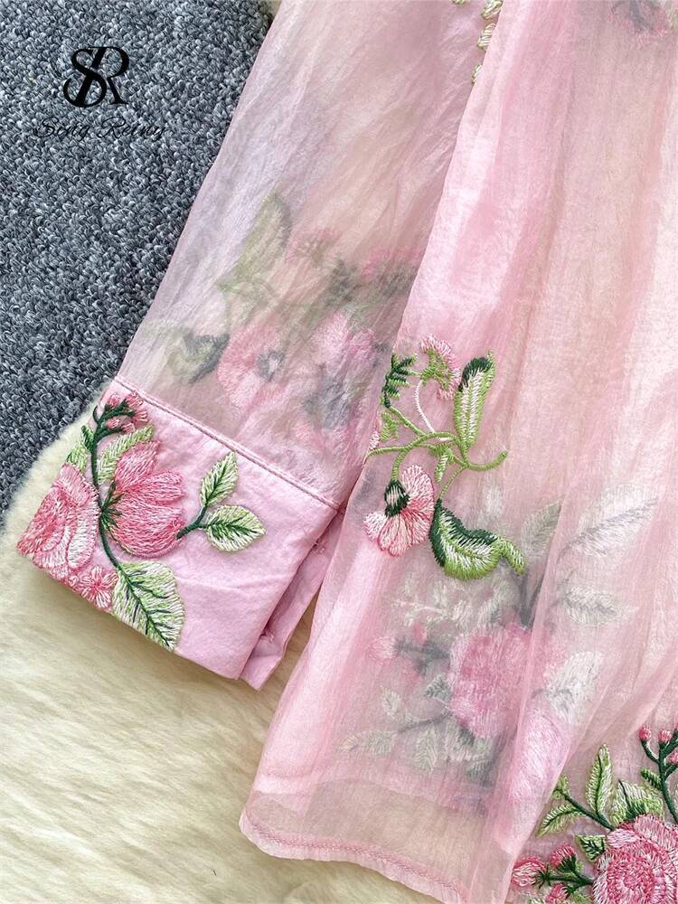 2025 New High Quality Embroidery Fashion Set Women's Round Neck Long Sleeve Transparent Shirt Elastic Flower design Loose Beach Shorts Designer S