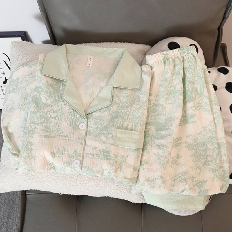 2025 New Chinese Ink Printed Women's Pajamas Retro design Leisure Spring New Two Piece Set Women's S Pajamas Designer Simple Fashion Pajamas