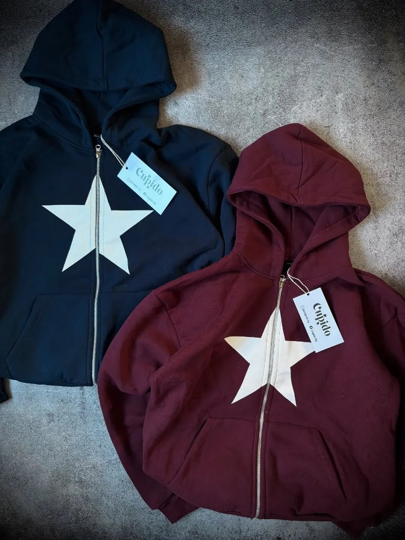 American Y2K Hip Hop Trend Zipper Hoodie Women Street Casual Loose Joker Vintage Sweatshirt Unisex Fleece Padded Warm Hoodie 250815