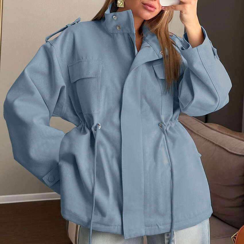 Autumn Winter New Cotton High Collar Waist Drawstring Long Sleeve Coat Women Design Sense Temperament Fashion Commuting B3