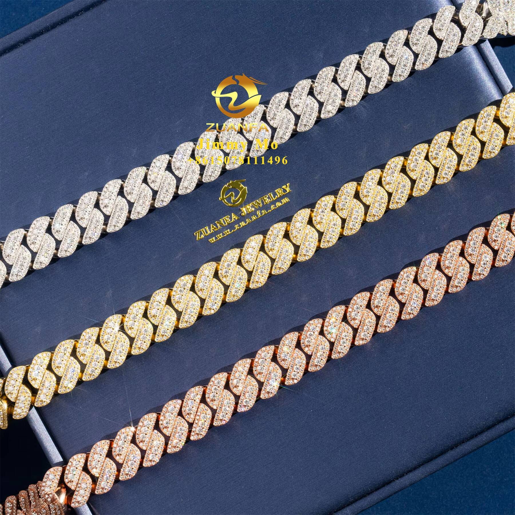 Bulk Stock Popular Pass Diamond Tester 925 Solid Silver 15mm Two Rows Iced Out Hip Hop VVS1 Moissanite Diamond Cuban Link Chain