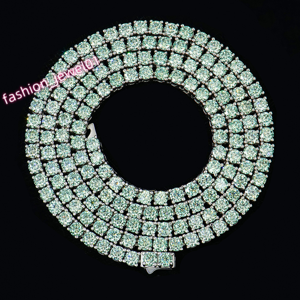 Moissanite Diamond 925 Silver Necklace 2mm Blue Green Chain Vvs Moissanite Cuban Hip Hop Chain Tennis Necklace Custom