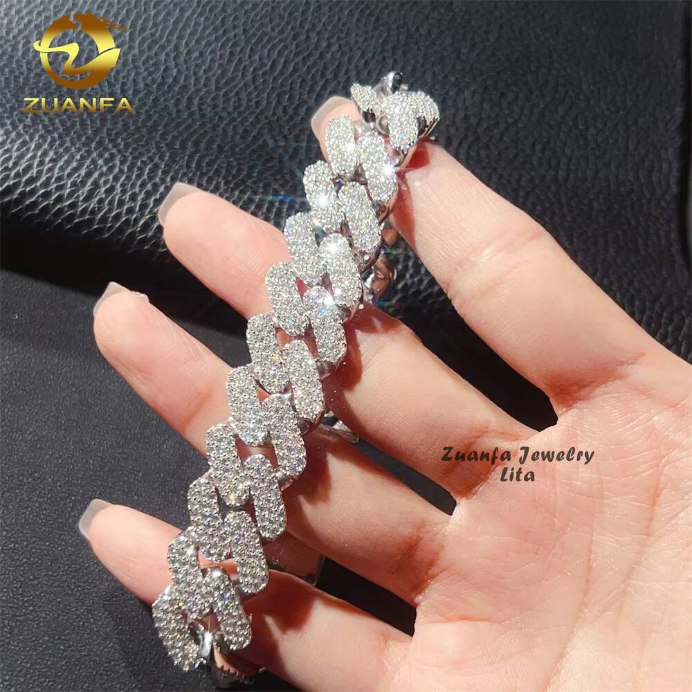Hip Hop Style Iced Out 16mm Three Row 925 Silver Moissanite Cuban Link Chain Bracelet for Men