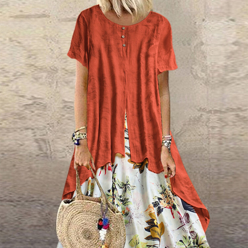 H90Cotton and linen floral maxi dress plus size women's swing dress