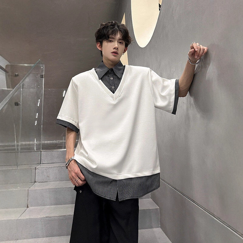 2025 Fake Two-piece Shoulder Pad Short Sleeved Men's Summer Collar T-shirt Niche Design High Street Five Quarter Sleeve Designer T-shirt