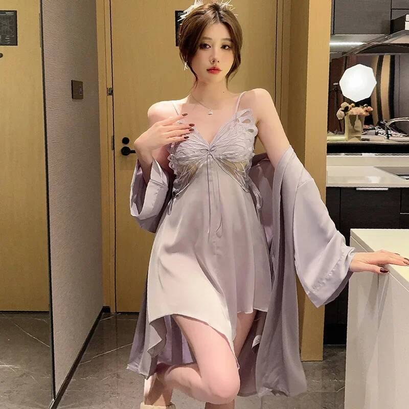 2025 new purple butterfly pajamas sexy backless pajamas design women's underwear kimono bathrobe set silk artificial silk designer pajamas