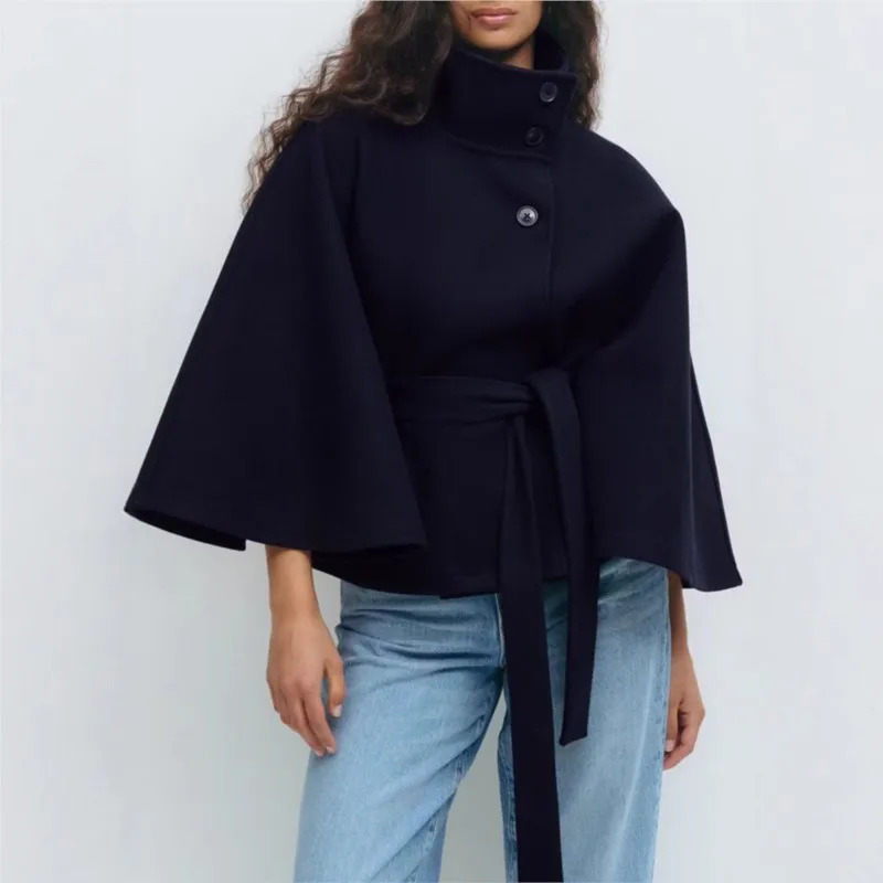 2025 Fashion Cape Style Woolen Coat Autumn Winter Batwing Sleeve Belts Loose Jacket Female Elegant Solid Windbreaker 250905