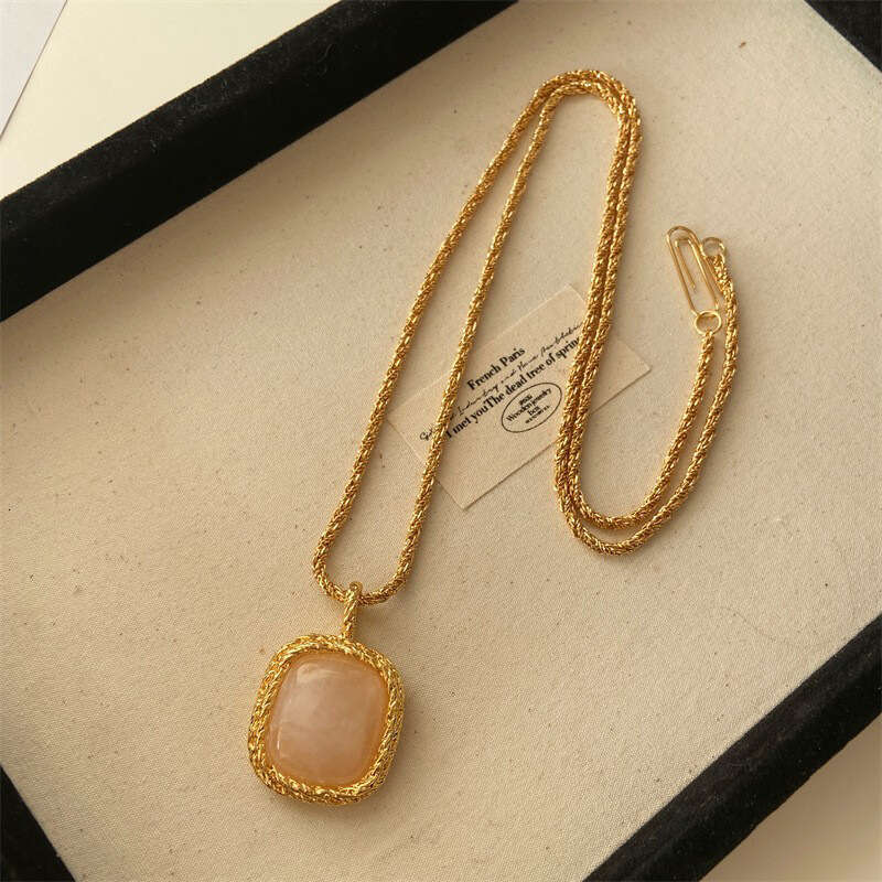 DHpet Vintage Style Aurelie Bidermann Square Pendant Inlaid with Blue Turquoise Lapis Lazuli Pink Crystal Sweater Chain