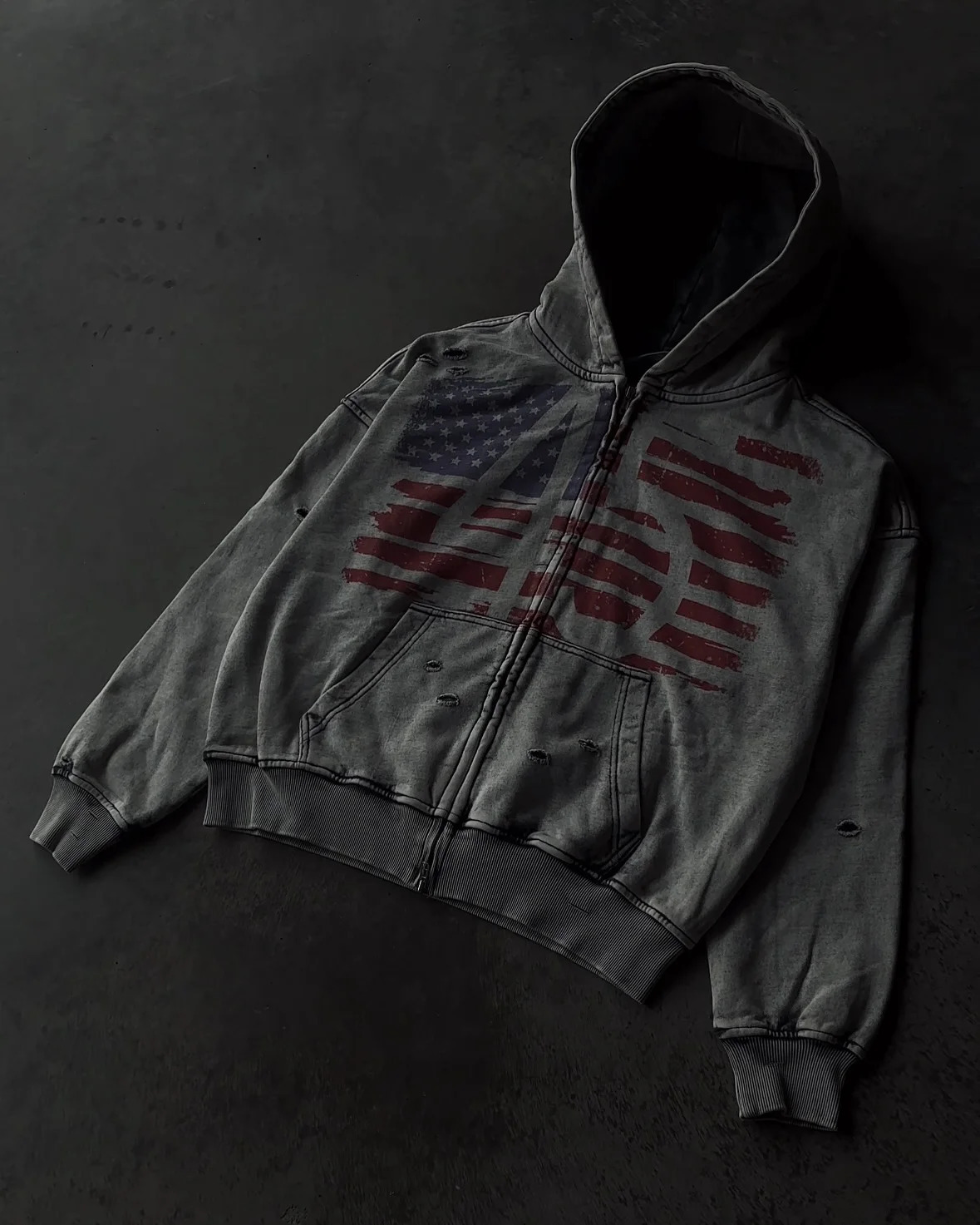 Retro American Flag Pattern Zip Up Hoodie for Men Hip Hop Harajuku Break Hole Loose Hoodies Y2k Streetwear Sweatshirt 250815