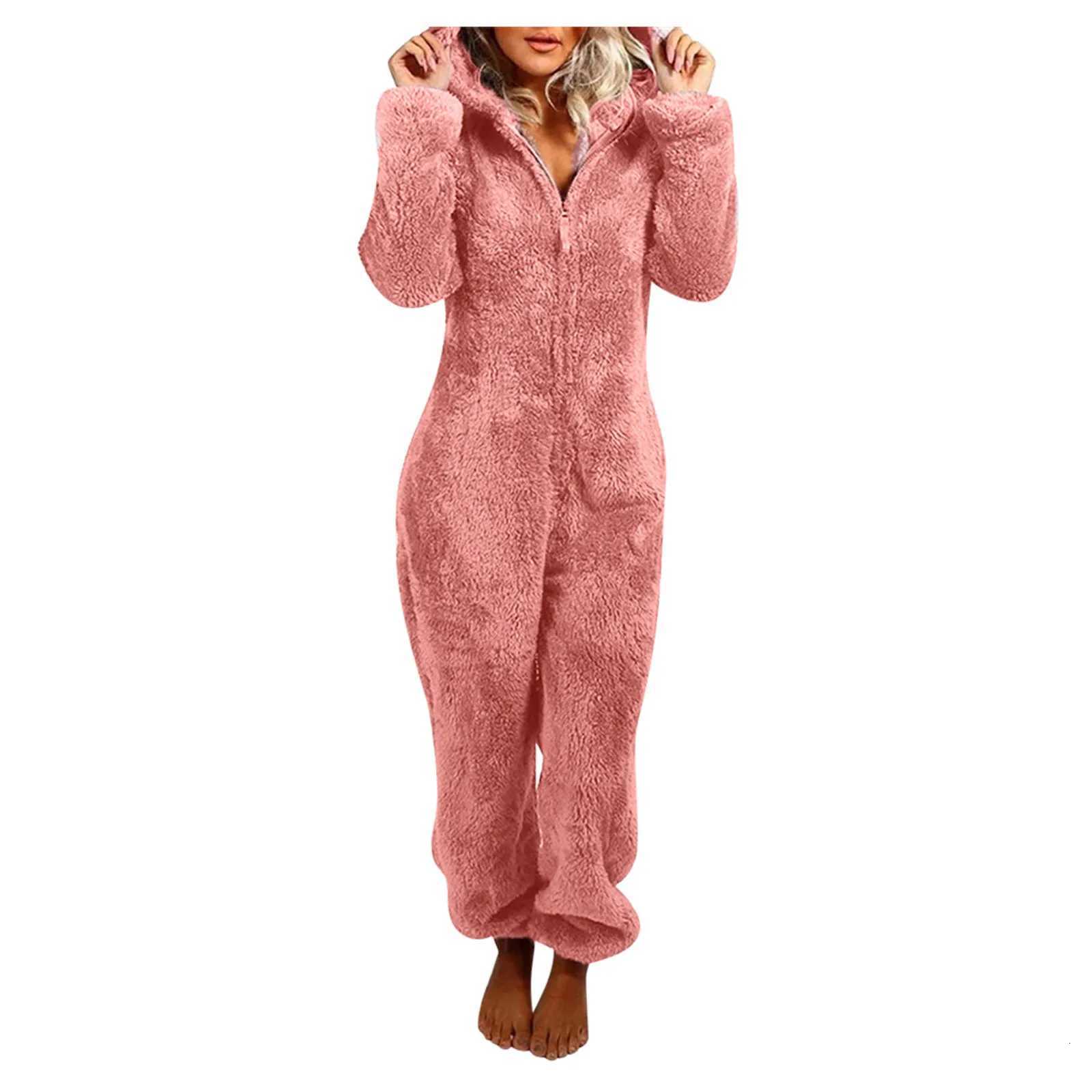 Winter Warm Sleepwear Home Clothes Cute Cat Ear Onesies Pyjamas Fluffy Fleece Hooded Jumpsuit Playsuit Pajama For Women Overalls Y250906