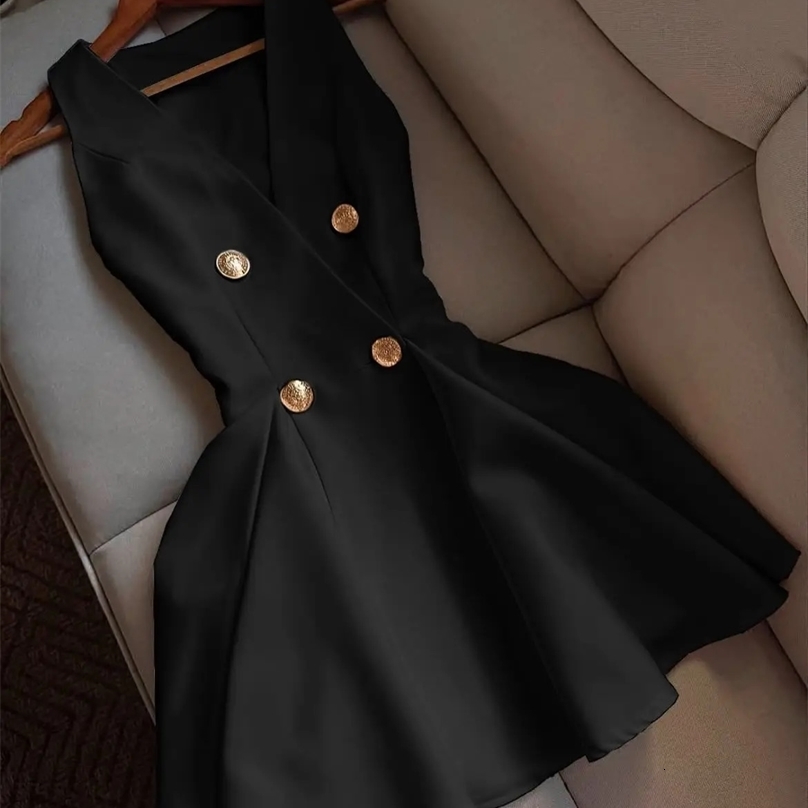 Women Elegant Sexy Deep Vneck Slim Dress Black White Button Mini Short Dresses Satin Evening Dress Summer Pleated Skirt250905