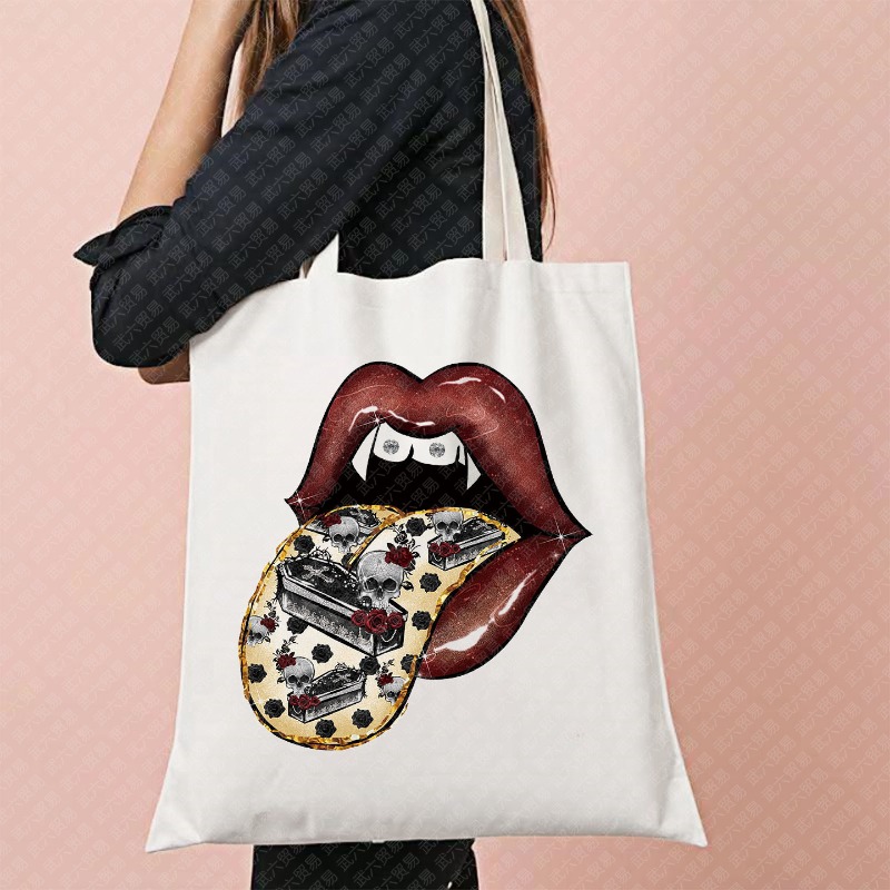 Halloween Style Canvas Tote Bag with Spooky Movie Prints for Reusable Shopping and Travel