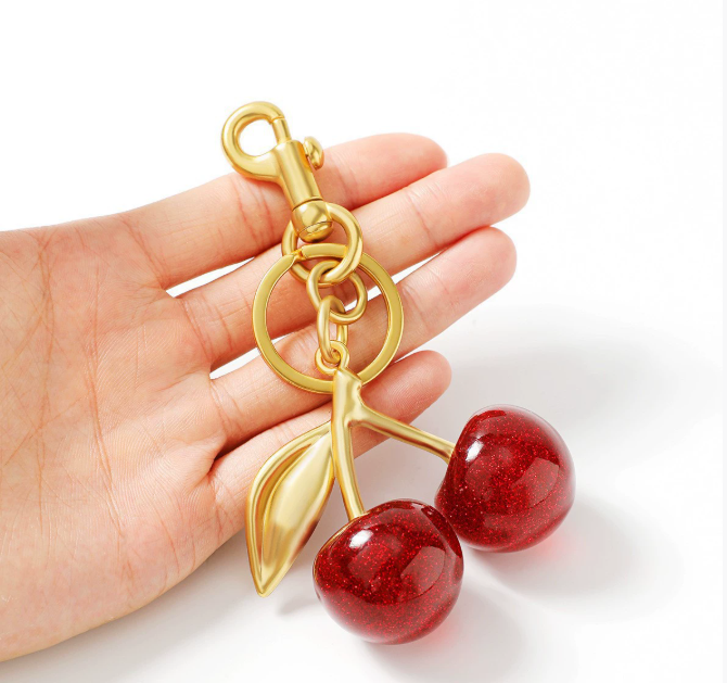 Golden Cherry Keychain Charm - Shiny Resin Metal Bag Accessory Elegant Gift for Women Purse or Handbag Decoration 250715