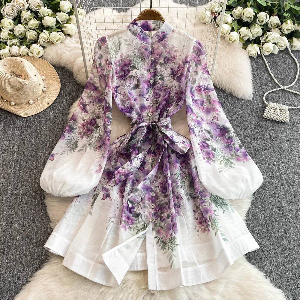 design 2025 New Chinese Women's Dress Spring and Autumn New Fashion Printed Lantern Sleeve Robe Slimming Stand Collar Designer Tank Top