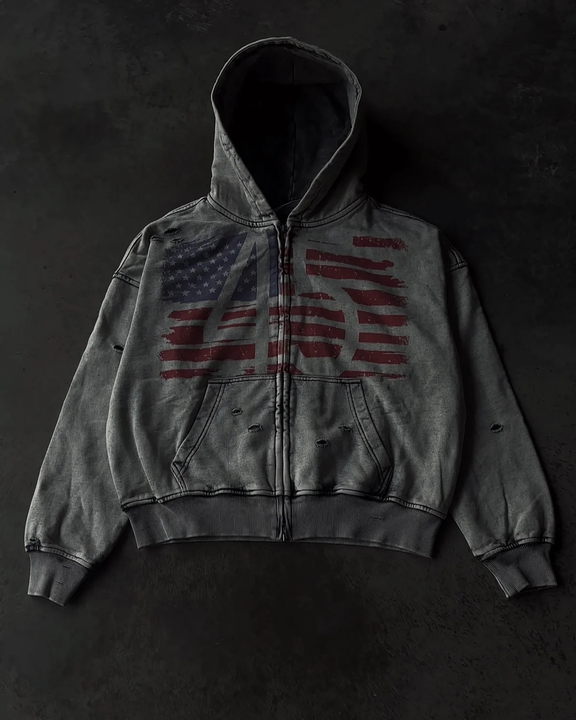 Retro American Flag Pattern Zip Up Hoodie for Men Hip Hop Harajuku Break Hole Loose Hoodies Y2k Streetwear Sweatshirt 250815