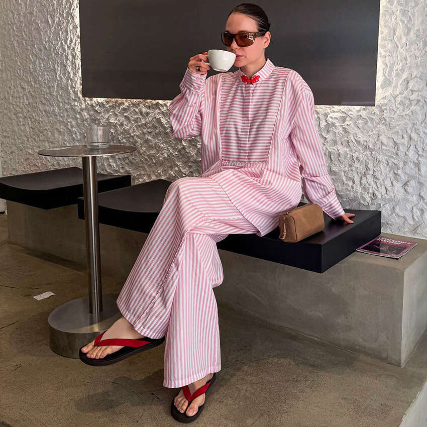 Autumn Winter New Chinese Style Button Pink Striped Sleeve Long Pants Set For Women With Design Sense And Fashionable Temperament B5