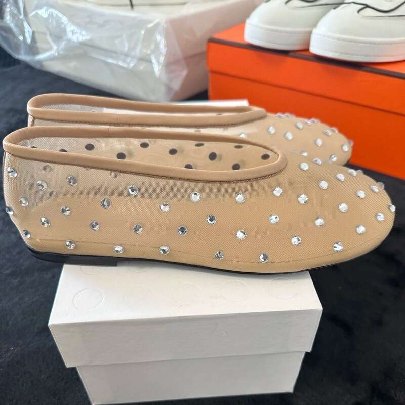 Niche Fashion Round Toe Designer Shoe Rhinestone Mary Jane Shoes for Women, Mesh Hollow Breathable Flat Comfortable Ballet Flats
