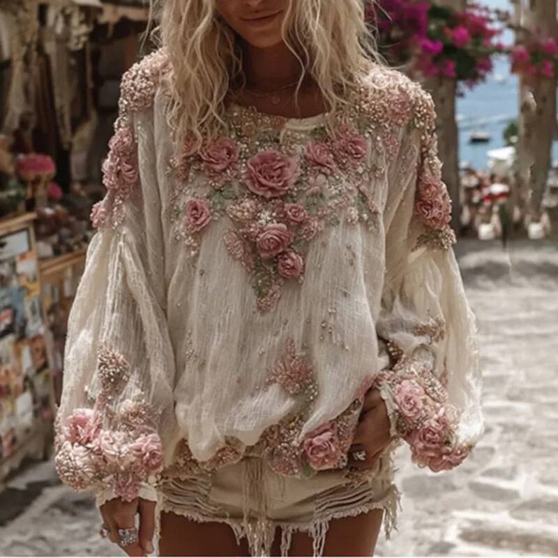 2025 New Autumn Light colored Long sleeved Ethnic Women's Shirt Retro D Printed Fashion Shirt Elegant Round Neck Loose Top design Designer Hoodie