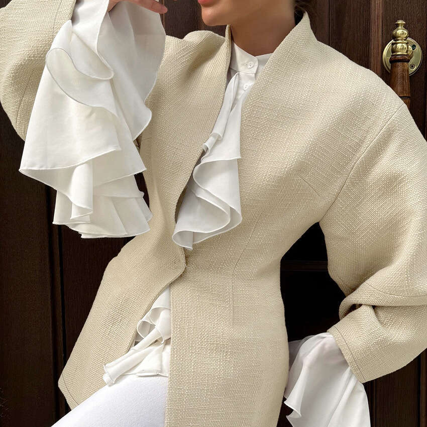 Autumn Winter New Versatile Bamboo Texture Waist-Cinching Long Sleeve Jacket Women With Design Sense And Casual Style For Commuting In B3