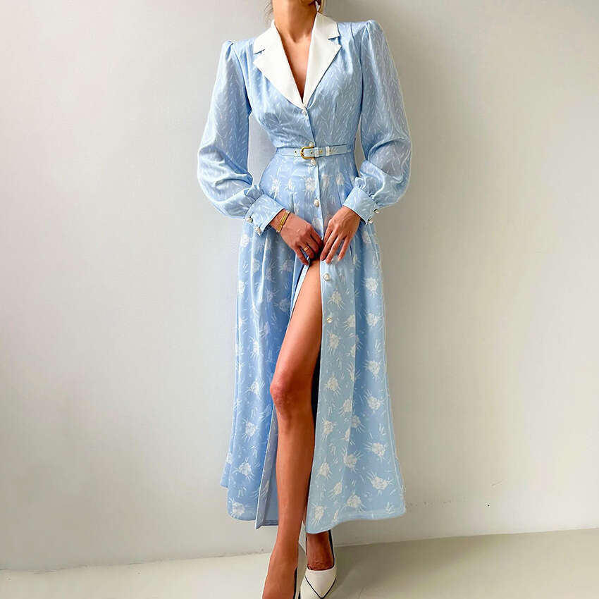 Autumn Winter New French Style Printed Color-Block Lantern Sleeve Slim Dress For Women With Design Sense And Fashionable Temperament B3