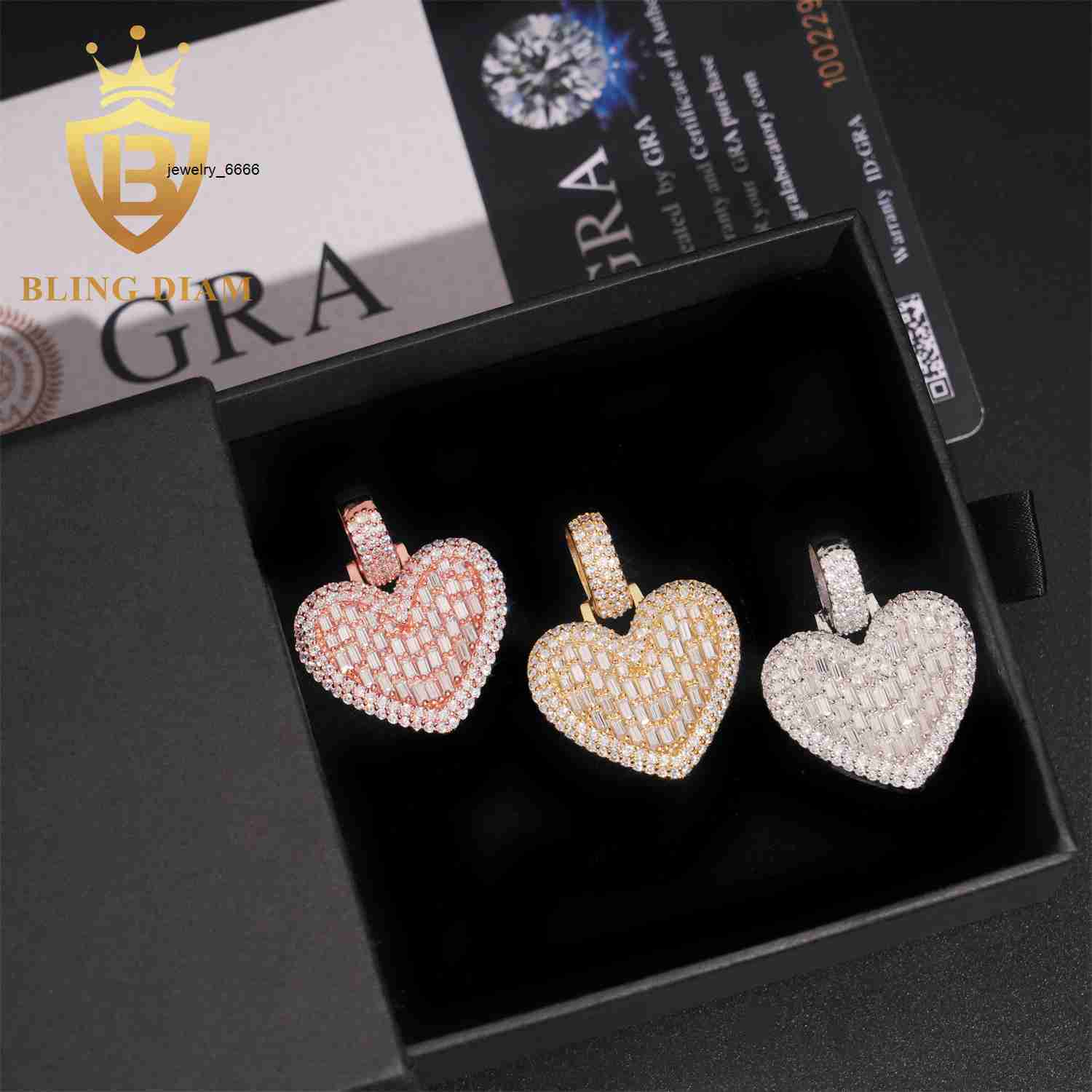 Iced Out Baguette Cut Heart Pendant Hip Hop Jewelry 925 Silver Moissanite Pendant Pass Diamond Tester