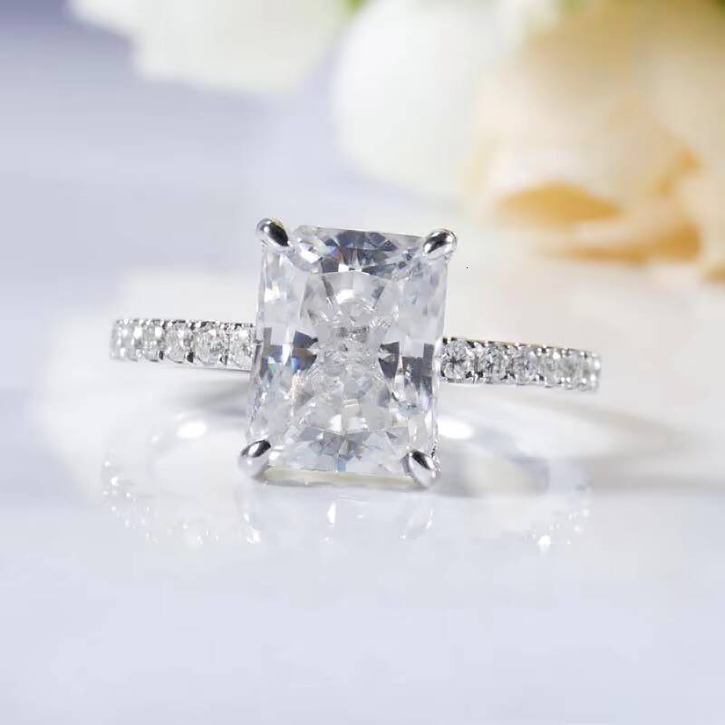 7x9mm Ice Crushed Radiant Cut Forever Moissanite 14k White Gold Engagement Ring with Accent Stones on Band