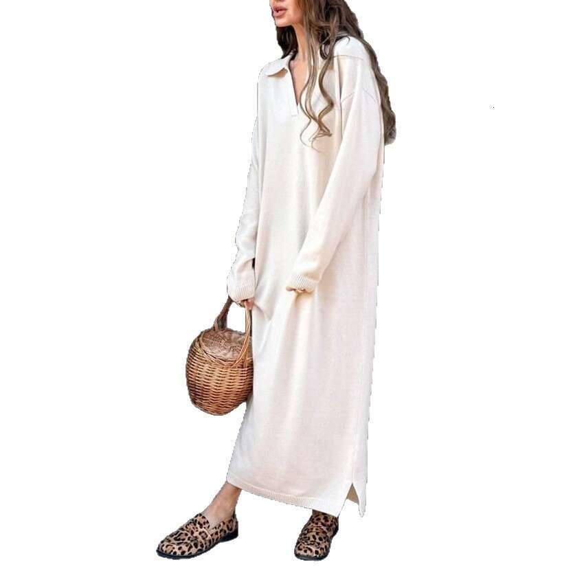 Autumn Winter New Loose Versatile Turn-Down Collar V-Neck Dress Design Sense Elegant Fashion Casual Commuting B3