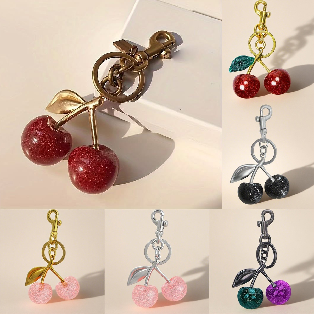 charm cherry bag charm keychain for women key rings keychain retro-cool cherry motif in glittery resin clip it to bag set of keys for refreshing style key chain lanyards
