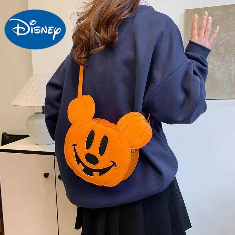 Disney 2026 New Mickey Creative Shoulder Bag Personalized Niche Halloween Pumpkin Funny Womens Bag PU Crossbody Bag Cartoon Bag H250905