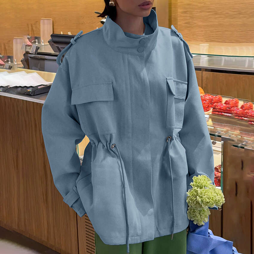 Autumn Winter New Cotton High Collar Waist Drawstring Long Sleeve Coat Women Design Sense Temperament Fashion Commuting B3