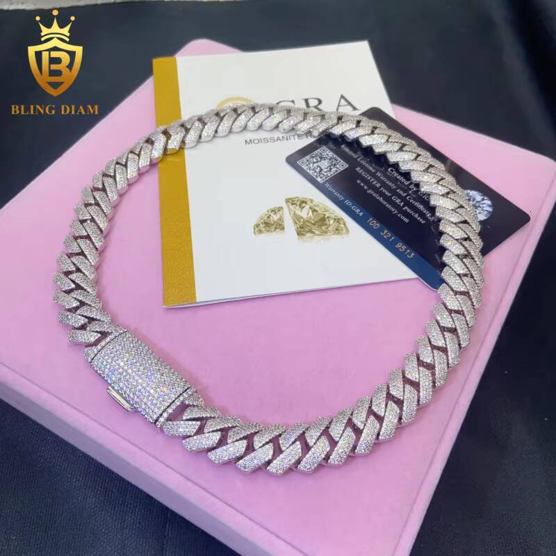 In Stock with GRA Hip Hop Style S925 Moissanite 15mm Cuban Chain Pass Diamond Tester Iced Out Moissanite Necklace Chain Silver