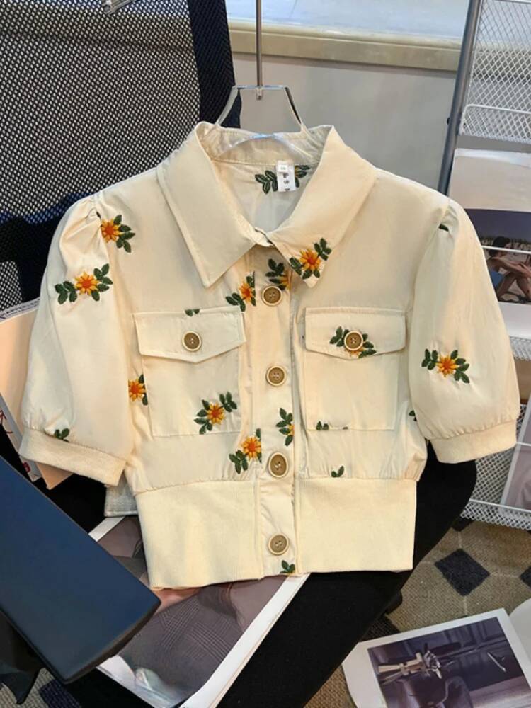 2025 New design French Elegant Shirt with Fluffy Sleeves, Embroidered Single breasted Open Umbilical Top, Aesthetic Design for Summer Women's S C