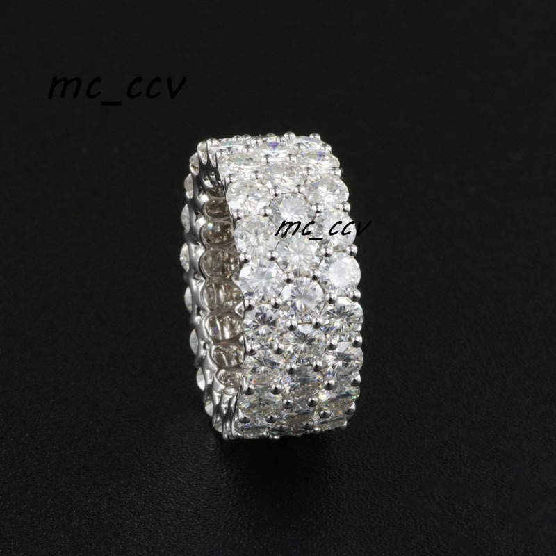 Three Rows 14k White Real Gold Mens Moissanite Ring