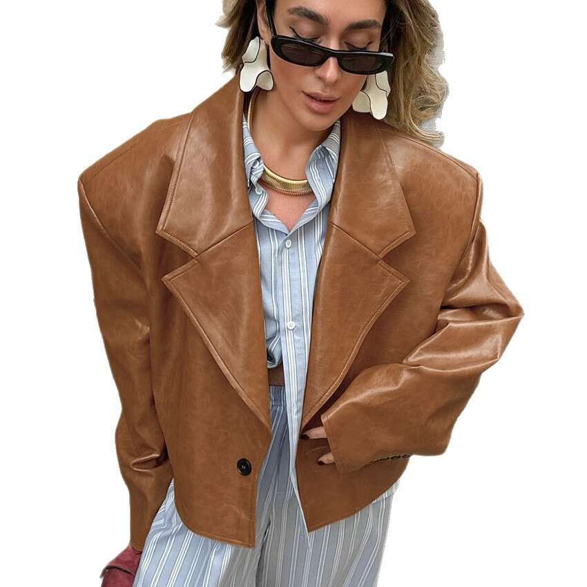 Autumn Winter New Style Suit Collar PU Leather Jacket Women With Design Sense, Elegant And Fashionable For Commuting B3