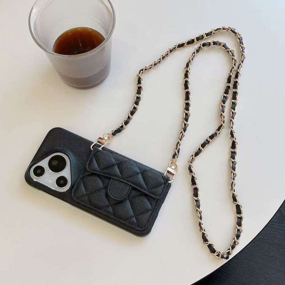 DHgargets Chanel Style Lychee Pattern Chain for iPhone 15 Pro Max, Apple 13, Crossbody 12, Internet Celebrity 16 Phone Case Caviar