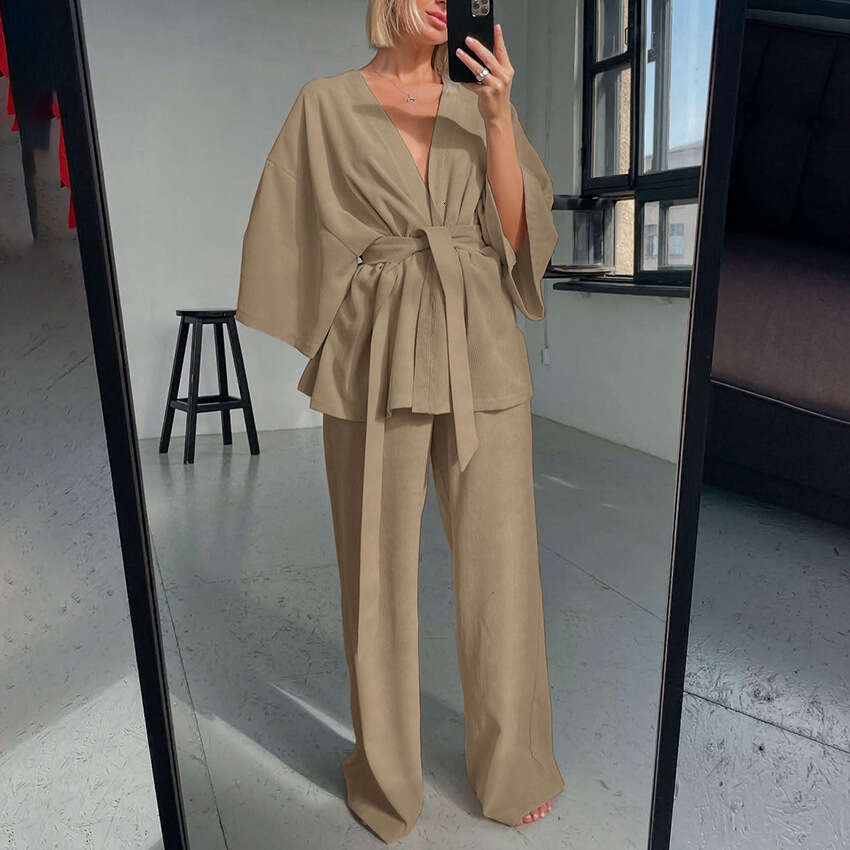 Autumn Winter New Loose Soft V-Neck Tie Sleeve Long Pants Set Design Sense Elegant Casual B3