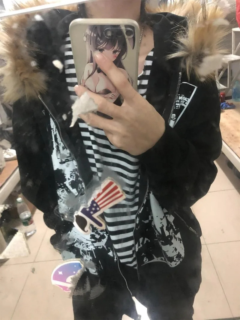 Streetwear Vintage Harajuku Gothic Print Hooded Sweatshirt Coat Aesthetic Slim Jacket Y2k Fur Patchwork Grunge Hoodies Women 250905