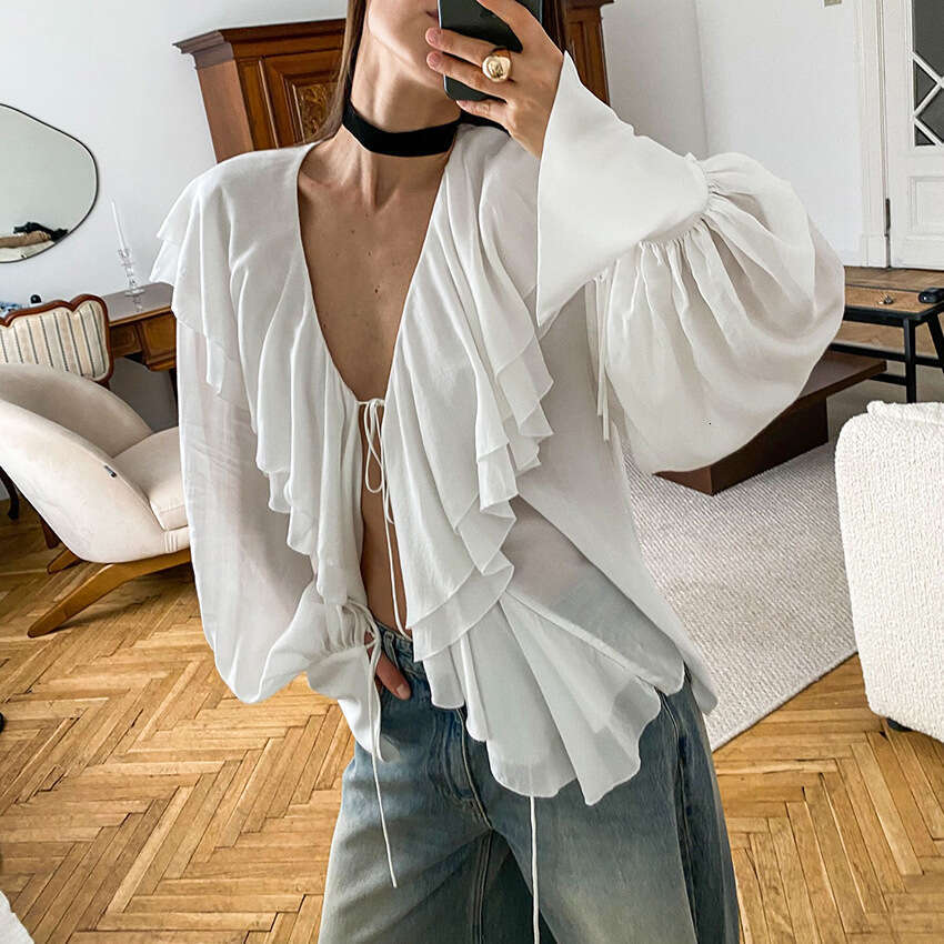 Autumn Winter New Loose V-Neck Ruffle Tie Semi-Transparent Rayon Shirt Design Sense Elegant Fashion B5
