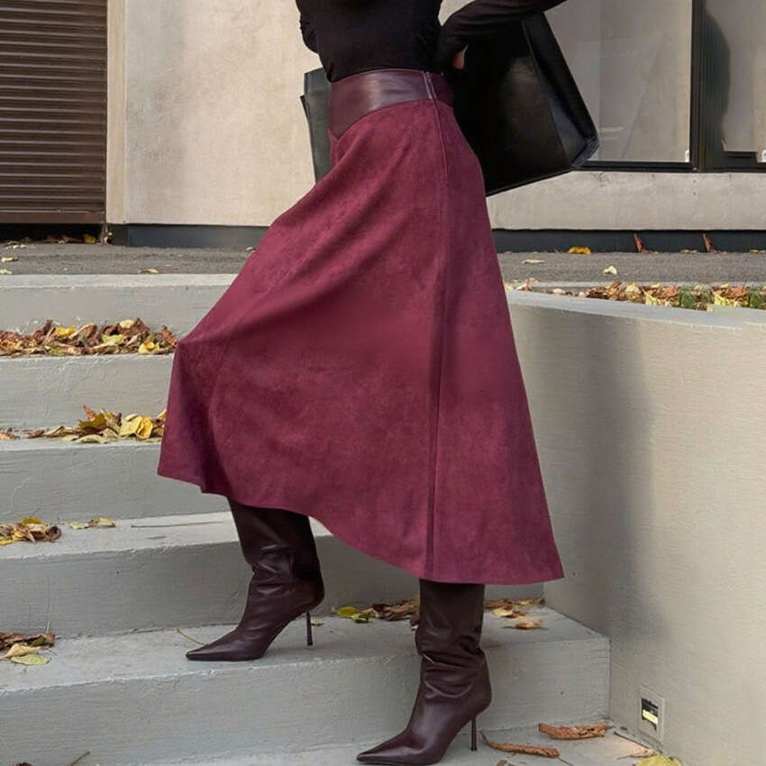 Autumn Winter New A-Line Long For Women With Design Sense And Elegant Suede Leather Skirt B5