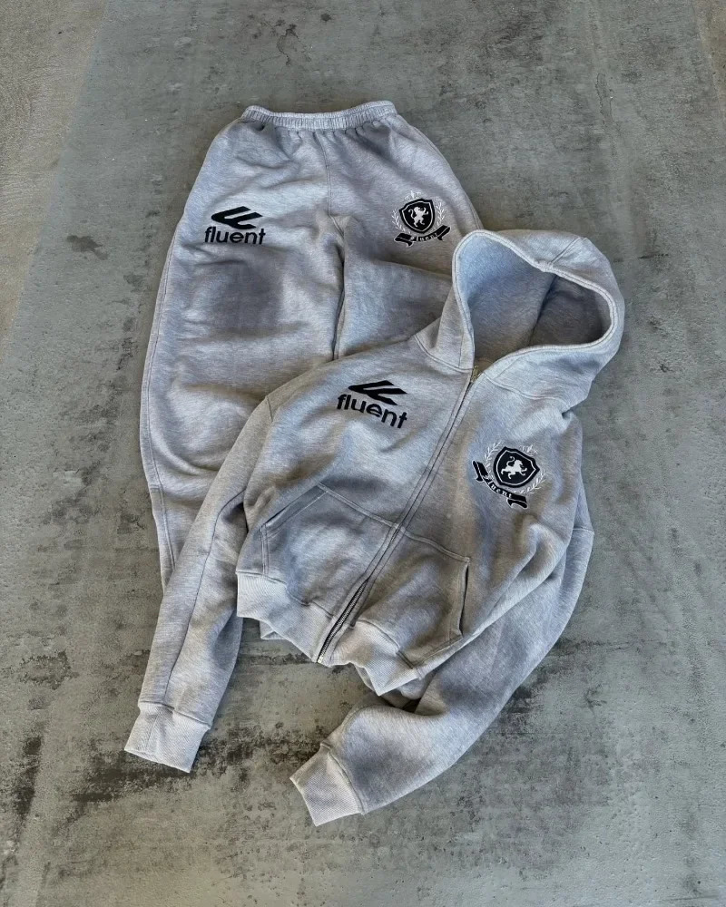 American Retro Letter Print Zipper Sweatshirt and Sweatpants Suit Men and Women Long Sleeves Simple Sweatshirt Streetwear Suit 250905