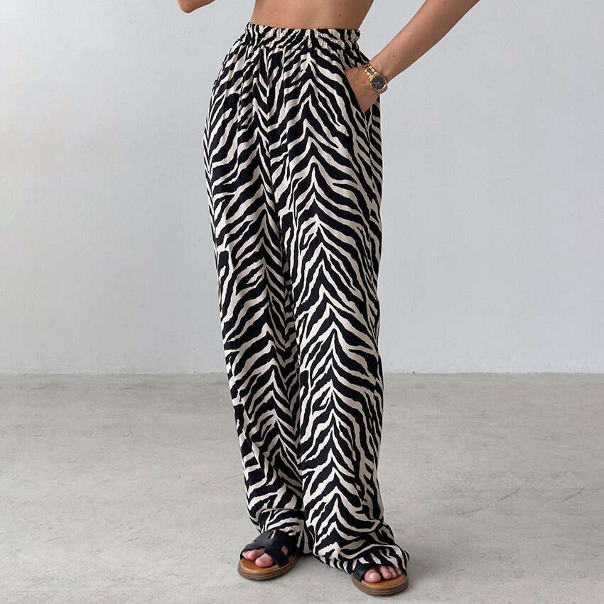 Autumn Winter New Style Personality Zebra Pattern Casual Long Design Sense Elegant Loose Wide-Leg Pants B5