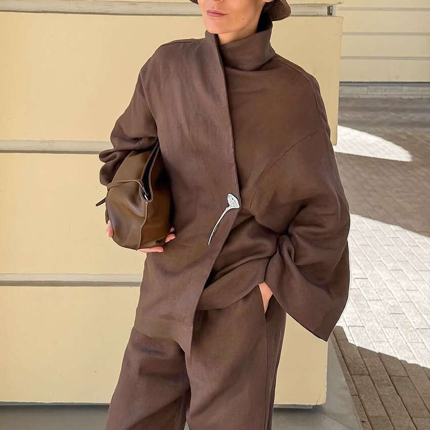 Autumn Winter New Cotton Linen Wrap Top Wide Leg Pants Set For Women Design Sense Elegant Casual Commuting B5