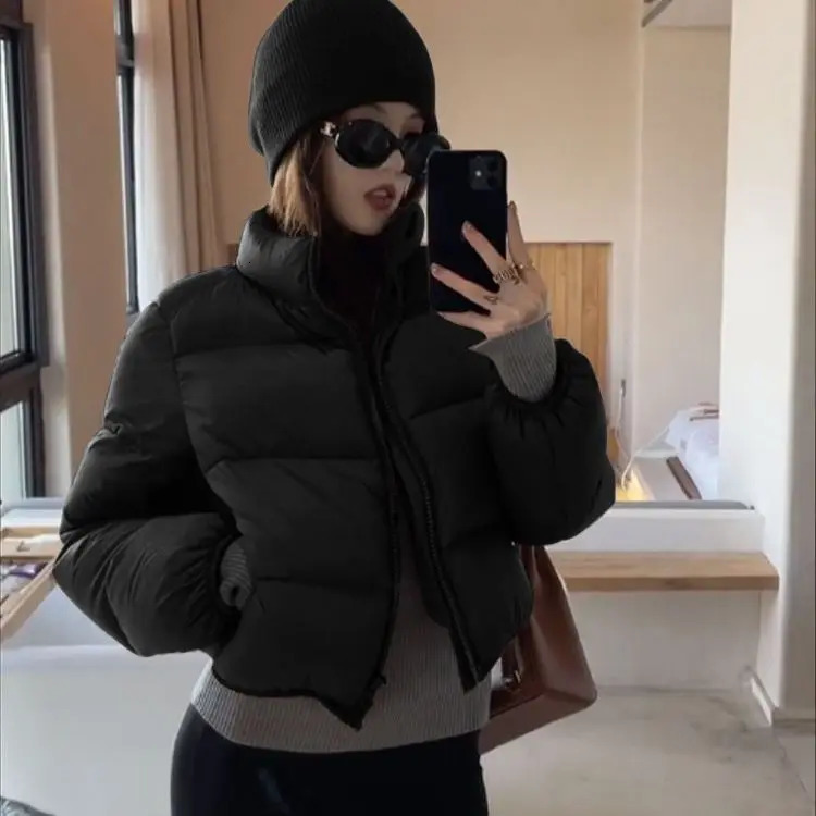 Womens Winter Solid Color Stand Collar Short Cottonpadded Jacket Korean Version Loose Casual High Waist Bread Served 250905