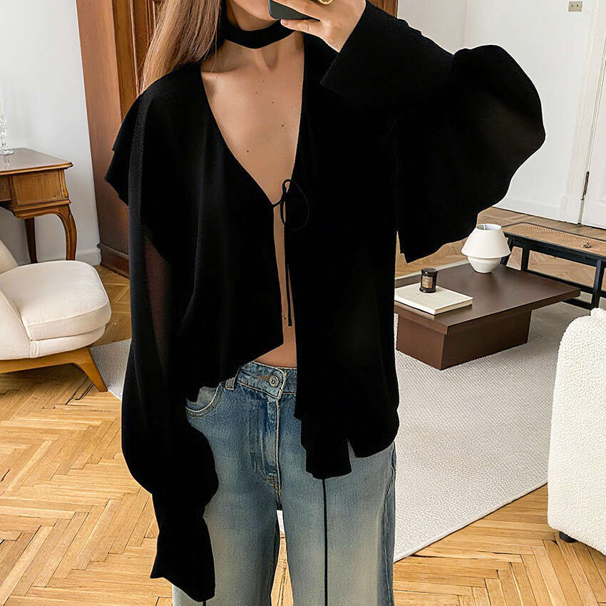 Autumn Winter New Loose V-Neck Ruffle Tie Semi-Transparent Rayon Shirt Design Sense Elegant Fashion B5