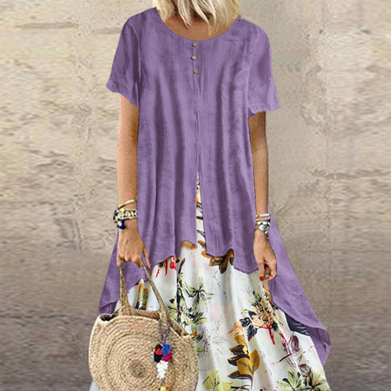 H90Cotton and linen floral maxi dress plus size women's swing dress