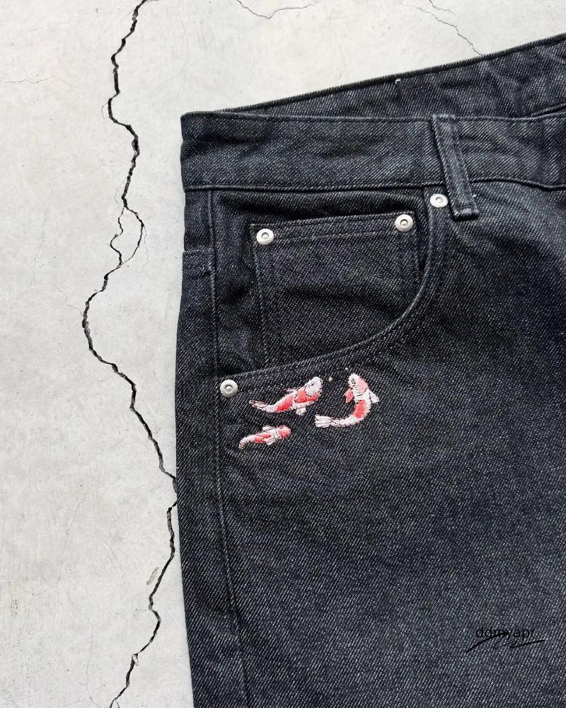 Men's Shorts Fashion Cherry Blossom Pocket Embroidery Jeans Men Women Retro Baggy Black Denim Short Jorts Ddmydec Hip Hop Streetwear Pants