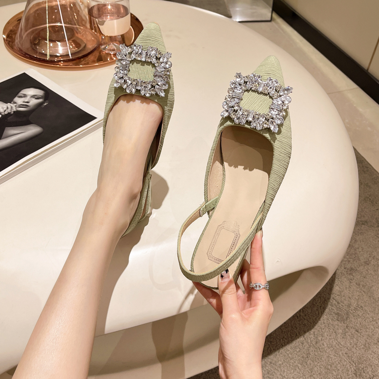 Free Shipping Women's French Low Heel Sandals - Designer Square Buckle Strap Back Sandals with Rhinestones, Elegant Vintage Dressy Evening Shoes