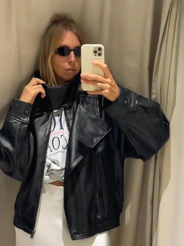 Fashion Black Leather Jacket Women Clothing Autumn Winter Loose Casual Coat PU Leather Motorcycle Jacket Women Tops 250905