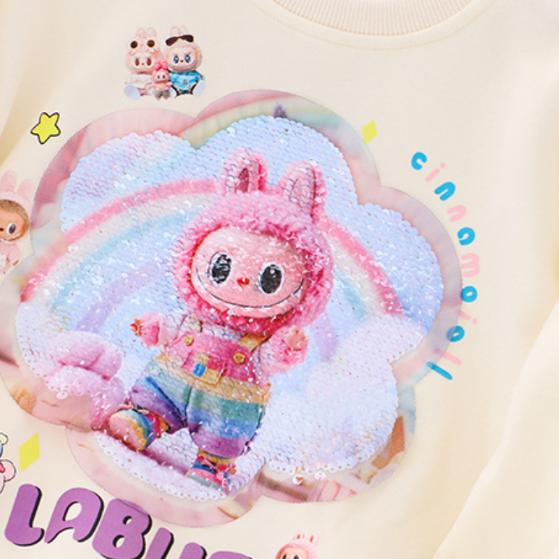 Labubu girls' clothes girls' hoodie children's cotton hoodie round neck pullover girls' cartoon rainbow printed baby clothes comfo